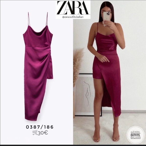 NWT ZARA MAGENTA SATIN EFFECT ASYMMETRIC DRESS - Picture 1 of 3